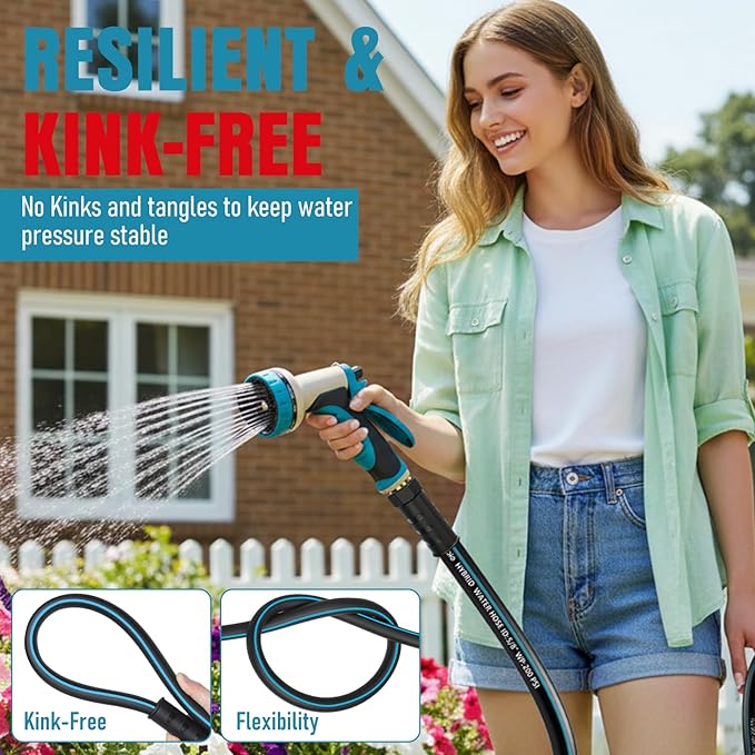 Heavy Duty Garden Hose 100 ft, NON-EXPANDABLE Water Hose with 10 Function Spray Nozzle, Lightweight Kink-less Hybrid Hose with Swivel Handle, Male to Female Fittings