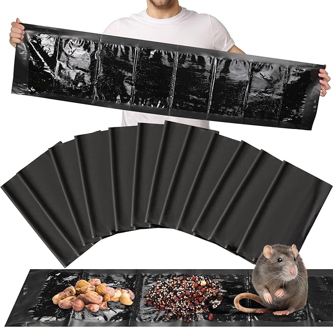 Qualirey 12 Pcs 47 Inch Ultra Large Sticky Mouse Glue Traps Sticky Rat Trap that Work for Rats Roaches Rodents Heavy Duty Pre Baited Mats Indoor Outdoor Catch Pest (Black)