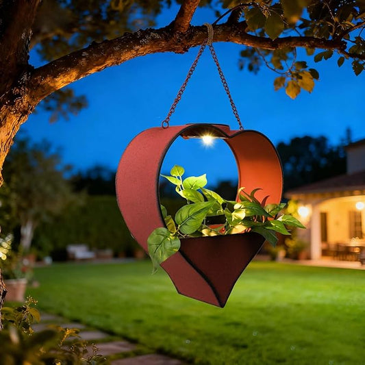 Hanging Planter Outdoor with Auto-On/Off Solar Lights, Metal Heart Shaped Flower Pot for Garden, Patio, Porch, Balcony Decor, Garden Gifts for Women, Mom, Wife, Gardeners (Rust)