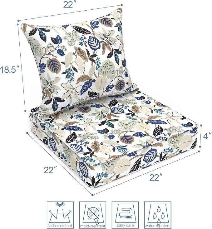 LVTXIII Outdoor Deep Seat Cushion Patio Seat and Back Cushion Set Seasonal Chair Cushion with Removable Cover and Adjustable Buckle for Home and Garden, 22"x22"x4", Breeze Leaves Beige