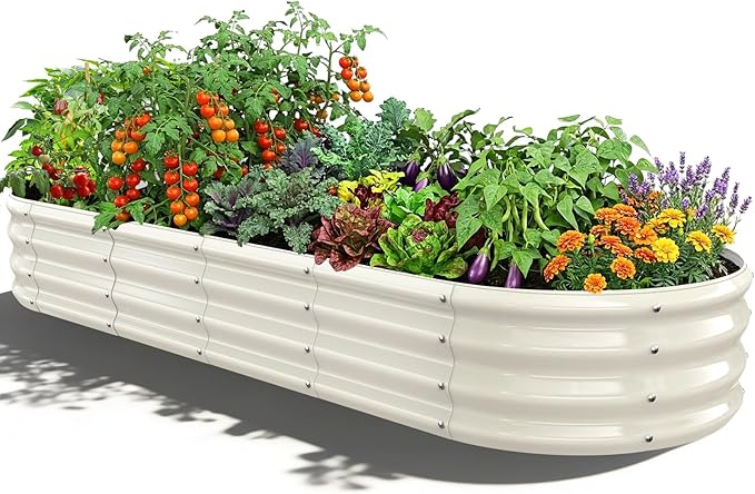Oval Raised Garden Bed, 6 x 2 x 1FT, Galvanized Steel Planter Box with Wave-Shaped Metal Panels Painted for Outdoor Flower,Tree,Herb & Vegetable Garden (White, 72X24X12 inches)