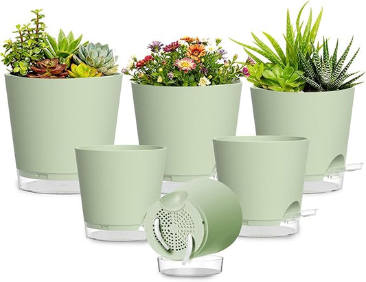 Plant Pots 4/5/5.5/6/6.5/7 Inch Self Watering Pots, 6 Pack Plastic Planters with Drainage Holes and Clear Saucers,Plastic Flower Pots,Nursery Planting Pot for Indoor Out Door Plants (Green)