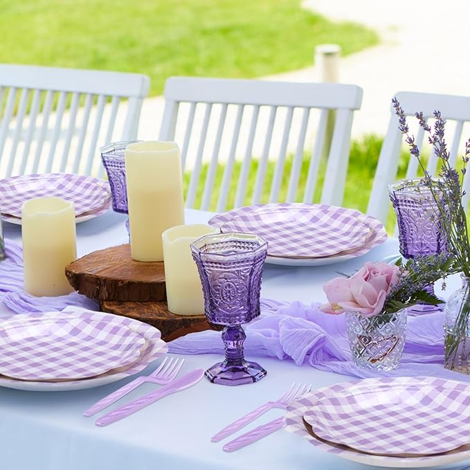 Funnymoom 400 Pcs Gingham Party Supplies for 50 Guests Purple and White Paper Plates and Napkins Knives Spoons Forks Cups Disposable Checkered Dinner Party Set Cutlery for Baby Shower Wedding Favor