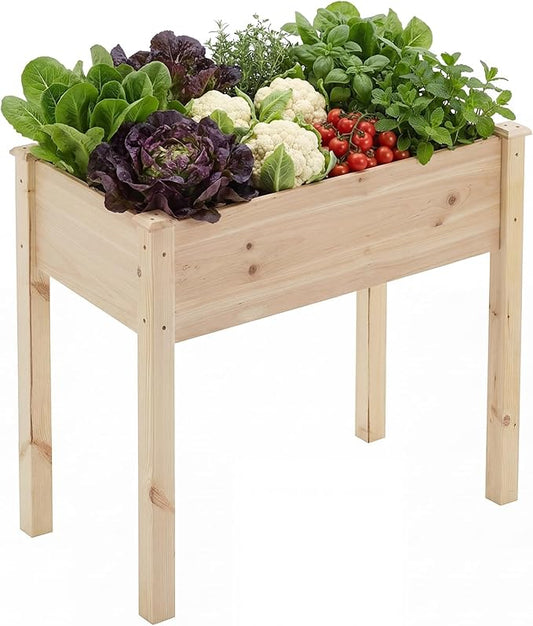 DUMOS Raised Garden Bed with Legs, 48x24x30 Inch Planter Box Outdoor with Liner for Herbs Flowers Vegetables, Elevated Wooden Garden Bed for Patio, Balcony and Backyard, Natural Wood
