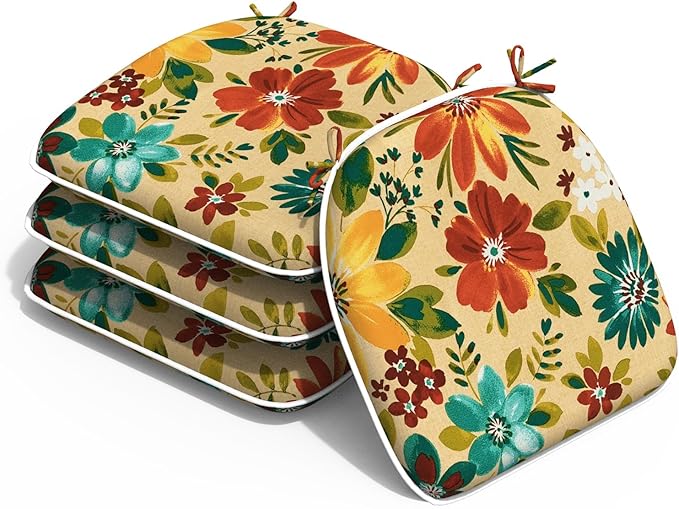 Outdoor 16"x17" Chair Pads Set of 4, Water Resistant Patio Chair Cushions with Ties, Seat Cushions for Home Garden Furniture Decoration, Flower Multi