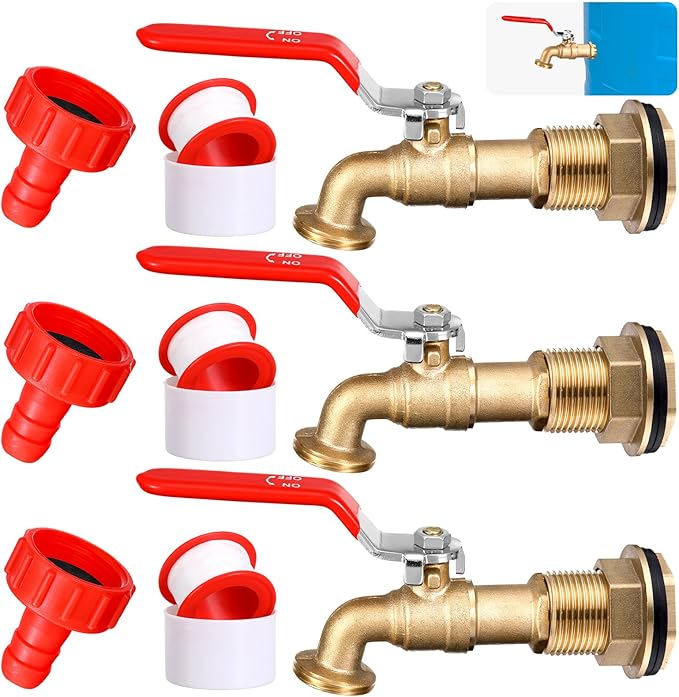 Tujoe 3 Set Brass Rain Barrel Spigot, Rain Faucet Kit for Rain Water Barrel, Water Tanks, Tubs, Pools Etc, Turn Ball Valve Rain Barrel Spigot with Bulkhead Fitting