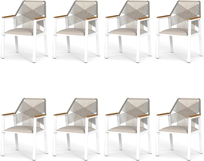 Aluminum Outdoor Patio Dining Chairs - Imitation Rope Vine Chair, Ergonomic Backrest Design Detachable Seat Cushion Soft and Breathable Garden Porch, White, Set of 8
