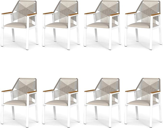 Aluminum Outdoor Patio Dining Chairs - Imitation Rope Vine Chair, Ergonomic Backrest Design Detachable Seat Cushion Soft and Breathable Garden Porch, White, Set of 8