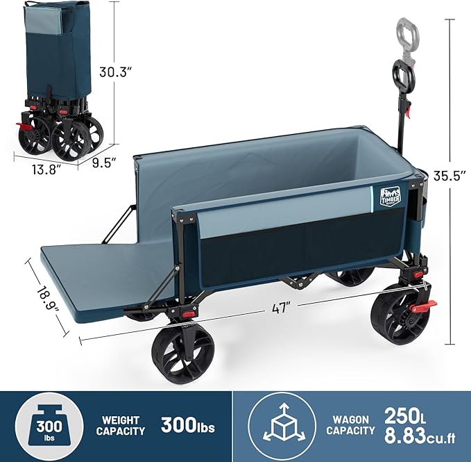 Timber Ridge 47" L Collapsible Wagon with Tailgate & Brake, 300 lbs Heavy Duty Beach Wagon with All-Terrain Big Wheels, 250L Foldable Utility Cart for Sand Camping Sports Shopping, Blue
