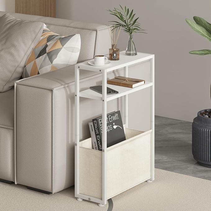 Leomonio Narrow Side Table, Slim End Tables with Fabric Basket, Skinny Table for Small Spaces, Thin Bedside Table for Living Room, Bedroom (1, White + Camel Brown)