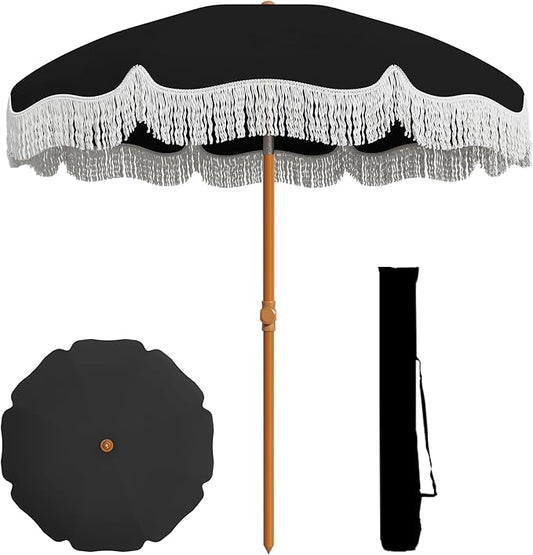 AreShark 7ft Patio Umbrella with Fringe, UPF50+ Beach Umbrella for Table, Pool & Garden, Portable Outdoor Tassels Umbrella w/Fiberglass Ribs&Push Bottom Tilt(Black)