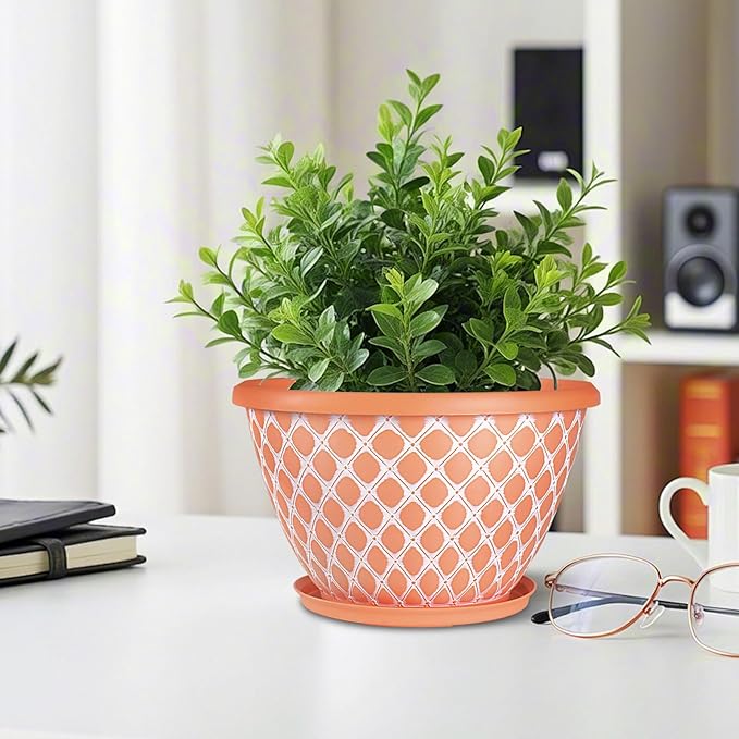 Nooulap 4 Pack 10 Inch Flower Pots with Drainage, Plastic Planters for Indoor Outdoor Plants, Orange Lattice Design Plant Pots for Balcony Patio Porch Garden Decor