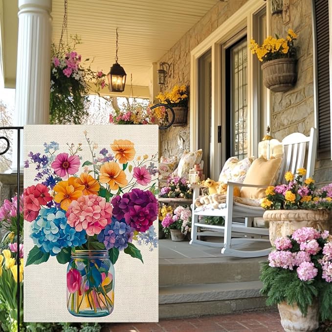 Spring Summer Colorful Floral Mason Jar Garden Flag 12x18 Inch Double Sided Hydrangea Flower Yard Outdoor Flag House Holiday Outside Decoration