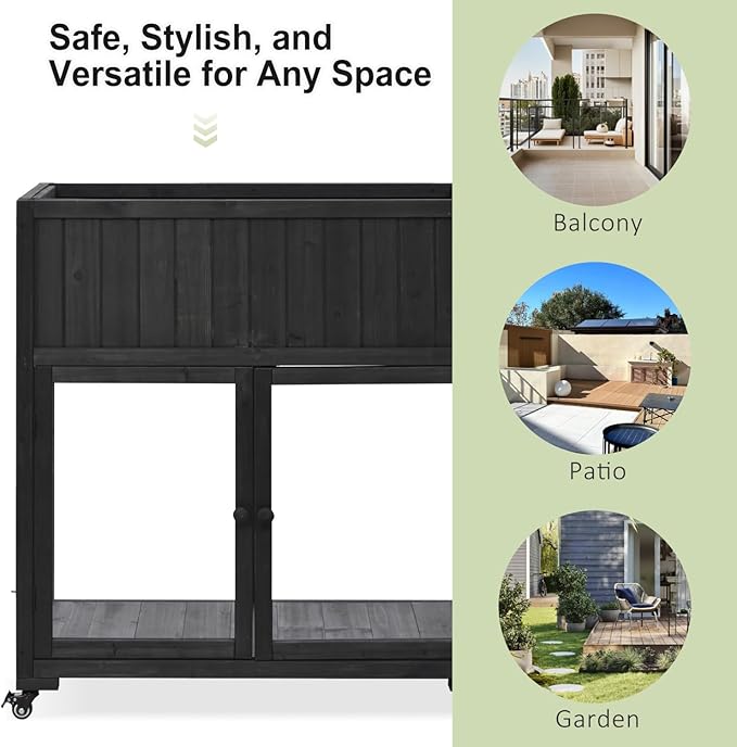 Geelife Patio Mini Wood Cold Frame with 2 Doors, Raised Bed & Wheels - Black