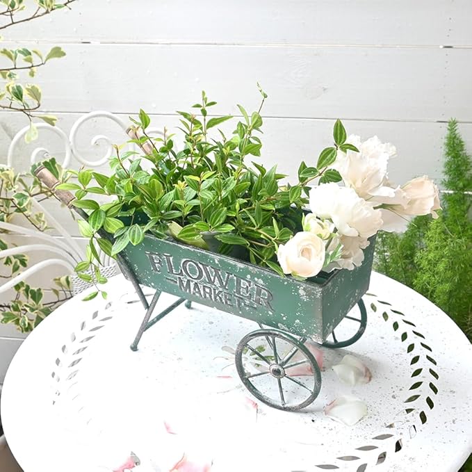 15 Inch Farmhouse Small Flower Cart with Wooden Handles Metal Wagon Planters for Outdoor Plants Decorative Wheelbarrow Plant Cart for Patio Garden Balcony Green