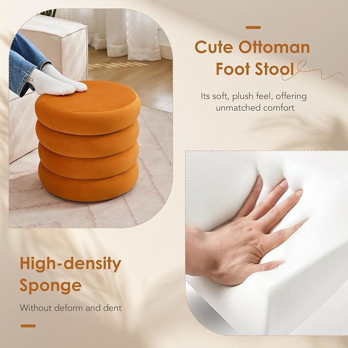 Flouki 19.5" Storage Ottoman Round, Vanity Stools for Bedroom, Velvet Pouf Ottoman with Removable Lid, Modern Ottoman Stool for Girls Women, Foot Stool for Living Room, Orange