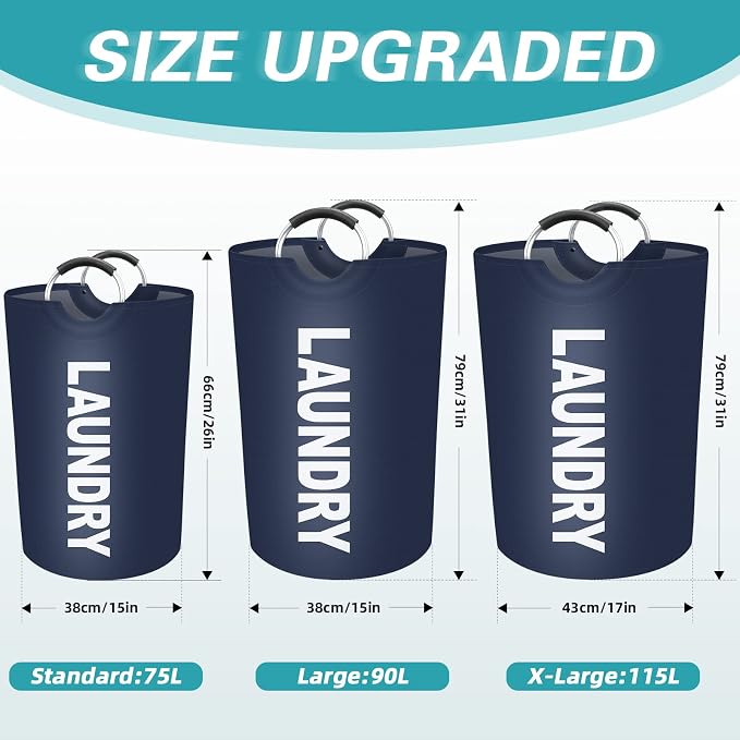 115L Large Laundry Basket, Dirty Clothes Waterproof Laundry Hamper, Blue | Collapsible Laundry Basket with Foam Protected Aluminum Handles for Laundry Dorm Family, Black Dirty Clothes Hamper