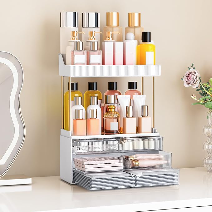 caktraie 2 Sets 5 Tier Acrylic Makeup & Bathroom Vanity Organizer | 2 Set Clear, 3 drawers 2 open shelves, dustproof, wipe clean, for large skincare, perfumes, lipsticks, dresser, counter