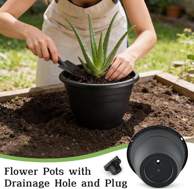 RooTrimmer 15 Pack 11 Inch Plant Pots with Drainage Holes,Black Plastic Flower Pots with Hanging Holes,Durable Planters for Indoor & Outdoor Plants,Nursery Pots