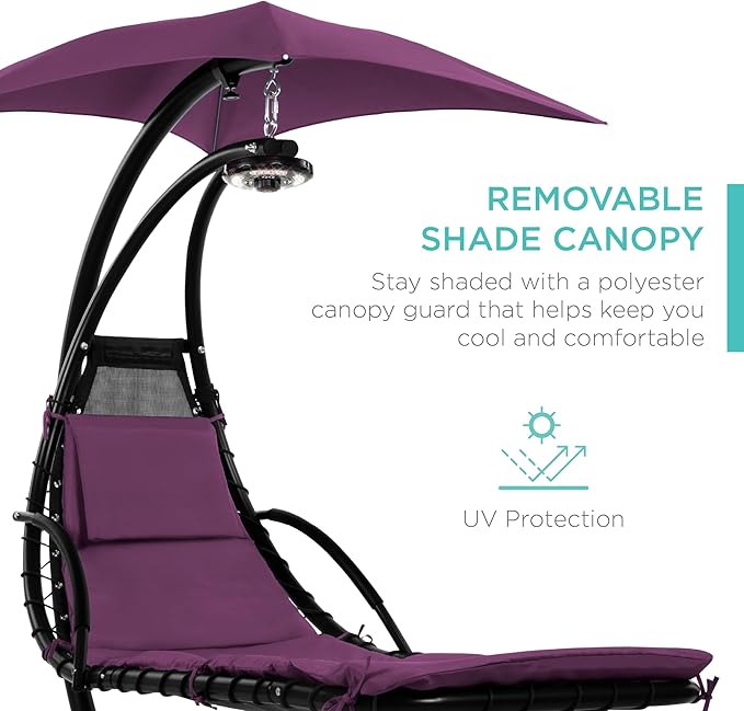 Best Choice Products Hanging LED-Lit Curved Chaise Lounge Chair Swing for Backyard, Patio, Lawn w/ 3 Light Settings, Weather-Resistant Pillow, Removable Canopy Shade, Steel Stand - Purple