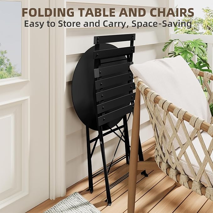 3-Piece Folding Bistro Set, 2 Chairs and 1 Coffee Table, Space Saving Weather-Resistant Frame, Portable Indoor/Outdoor Patio Furniture Conversation Set for Garden Porch Balcony Deck - Black