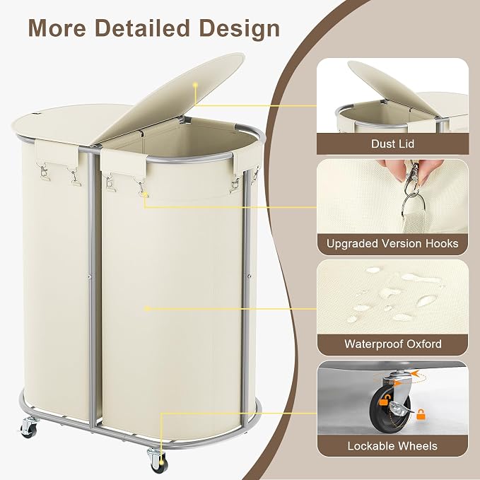 200L Double Laundry Hamper with Lid & Wheels, Oval Rolling Laundry Basket