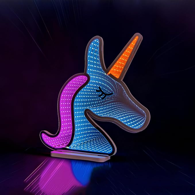 3D Unicorn Infinity Mirror Light, LED Infinity Mirror Night Light with Magical Endless Effect, USB Powered 3D LED Lights for Girls Bedroom & Kids Playroom, Gift for Kids Teens, 12"x11.9"