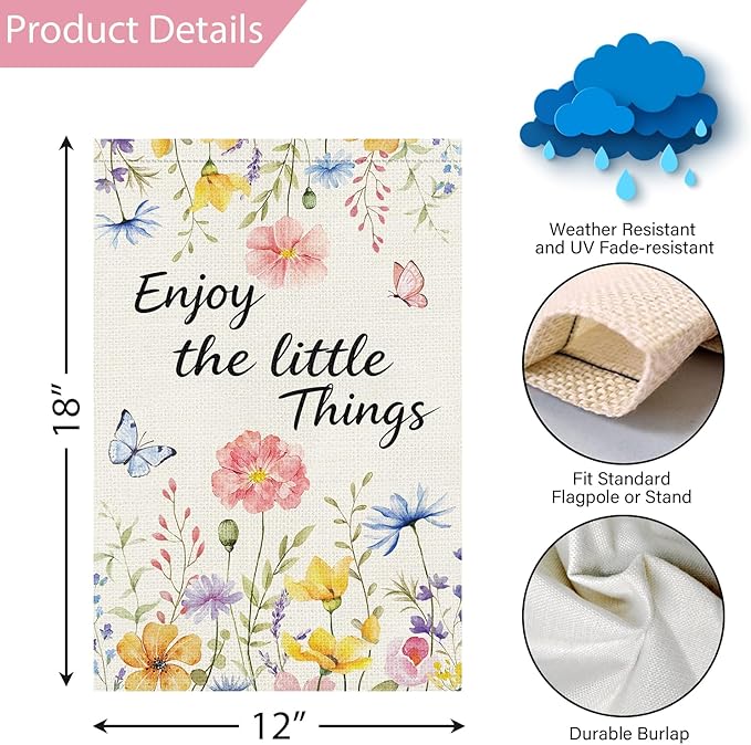 Louise Maelys Spring Garden Flag Enjoy The Little Things Butterfly Watercolor Flower Double Sided 12x18 Inch Floral Seasonal Welcome Small Burlap Holiday Yard Sign Outdoor Decor