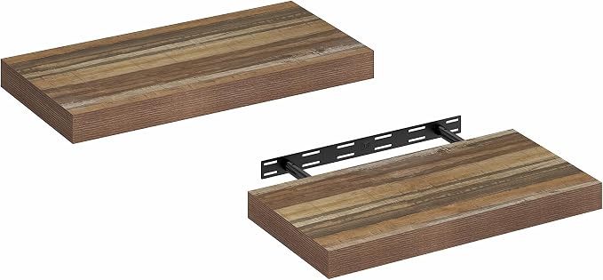 Furinno Tanna Floating Shelves for Wall Set of 2, 12 x 24 Wall Shelf, Wall Mounted Floating Shelf with Invisible Bracket, 2-Inch Thick, for Bathroom, Living Room, Bedroom, Home Office, Retro Brown