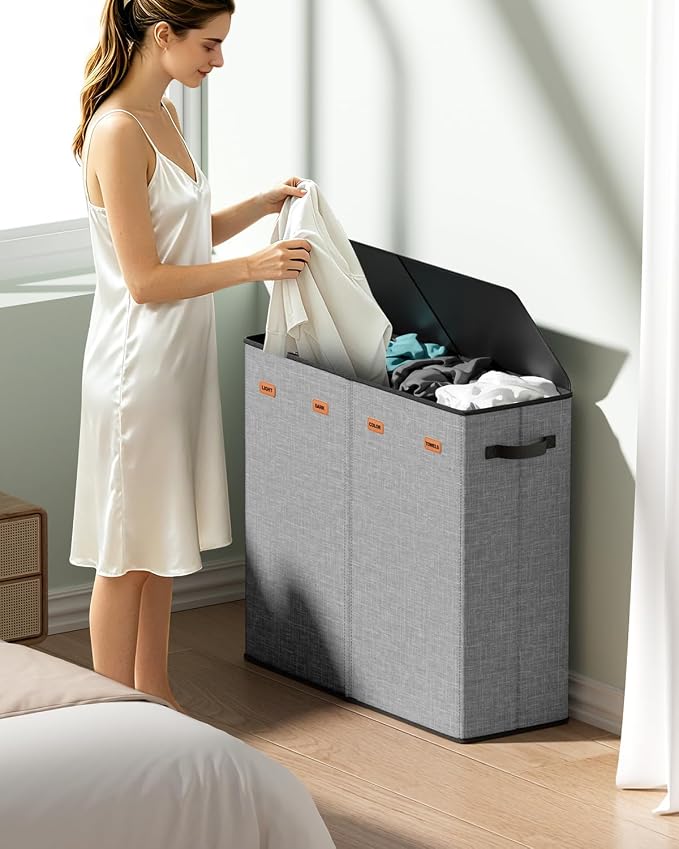 185L Laundry Hamper 4 Section with Lid & Removable Bags | Collapsible laundry basket organizer for laundry room, bedroom & dorm with 5 removable washing bags