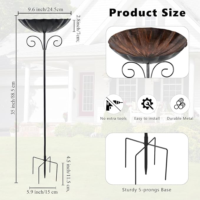 Metal Bird Baths for Outdoors, 39" H Birdbath with 10 Inch Bowl, Standing Bird Bath & Bird Feeder with Stake for Outside Garden Patio Yard Lawn Decor, Copper