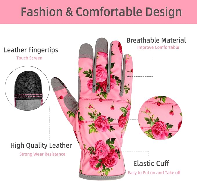 YRTSH Leather Gardening Gloves for Women, Flexible Breathable Garden Gloves, Thorn Proof Working Gloves for Weeding, Digging and Pruning, Small, Pink