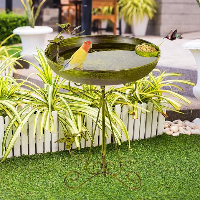VEWOGARDEN Metal Bird Bath for Outside Garden Vintage Standing Birdbath with Folding Bracket for Yard Patio Lawn Decor, Green