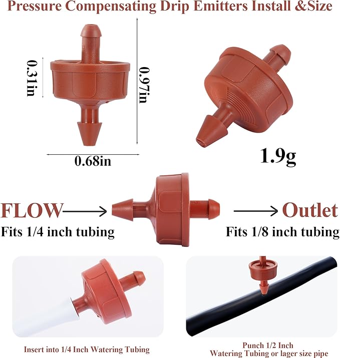 60Pcs 2 GPH Pressure Compensating Irrigation Spot Drippers,Constant Flow Barb Outlet Watering Dripper Emitters Heads Parts for 1/4 Inch Watering Tubing Line for Garden Pots Plants Irrigation Systems