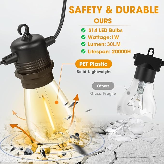 GvvooHome 50FT LED Outdoor String Lights with 26 Shatterproof S14 Edison Bulbs (2 Spare), Dimmable Hanging Outdoor Lights for Backyard, Porch, 2700K Warm White