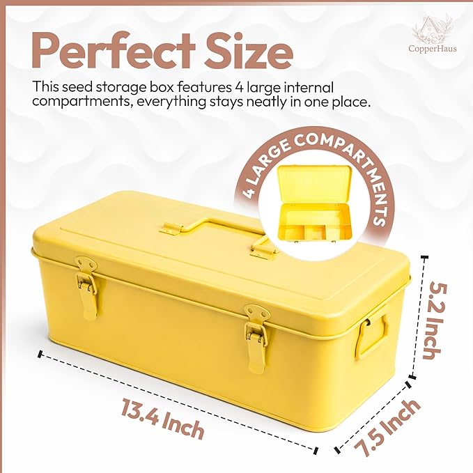 Seed Storage Organizer –Waterproof Metal Seed Box with Storage Bags, Dividers, 4 Compartments with Lid and Safety Locks, Portable Side Handles, Perfect for Garden Seeds, Labels & Tools – Yellow