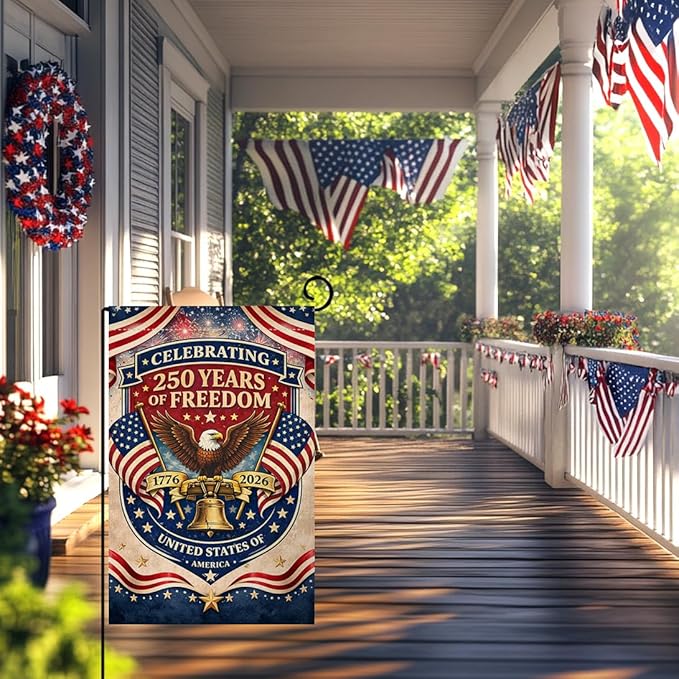 BLKWHT 250 Years America Garden Flag 12x18 Vertical Double Sided USA 250th Anniversary Freedom Eagle Banner Patriotic 4th of July Outside Decorations Burlap Yard Flag BW866