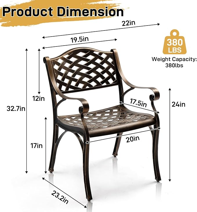 VINGLI Outdoor Dining Chairs Set of 2, Cast Aluminum Patio Chairs, All-Weather Aluminum Outdoor Chairs Patio Furniture for Porch, Bistro, Backyard and Balcony Bronze
