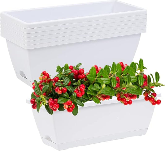 CHUKEMAOYI Window Box Planter, 7 Pack Plastic Vegetable Flower Planters Boxes 17 Inches Rectangular Flower Pots with Saucers for Indoor Outdoor Garden, Patio, Home Decor (White)