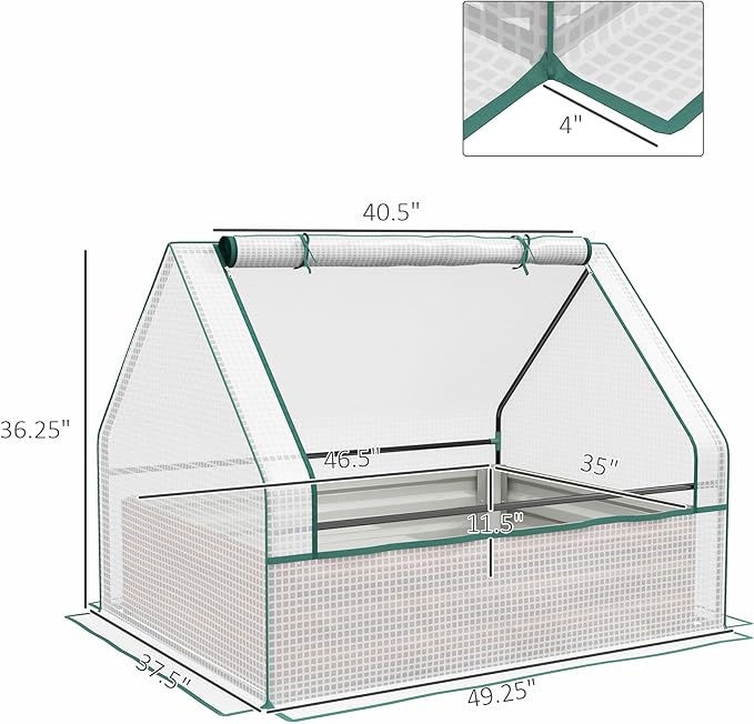Outsunny 4 x 3 x 1ft Raised Garden Bed with Mini Greenhouse, Galvanized Outdoor Planter Box with Cover, for Herbs and Vegetables, Use for Patio, Garden, Balcony, White Cover and Brown Planter