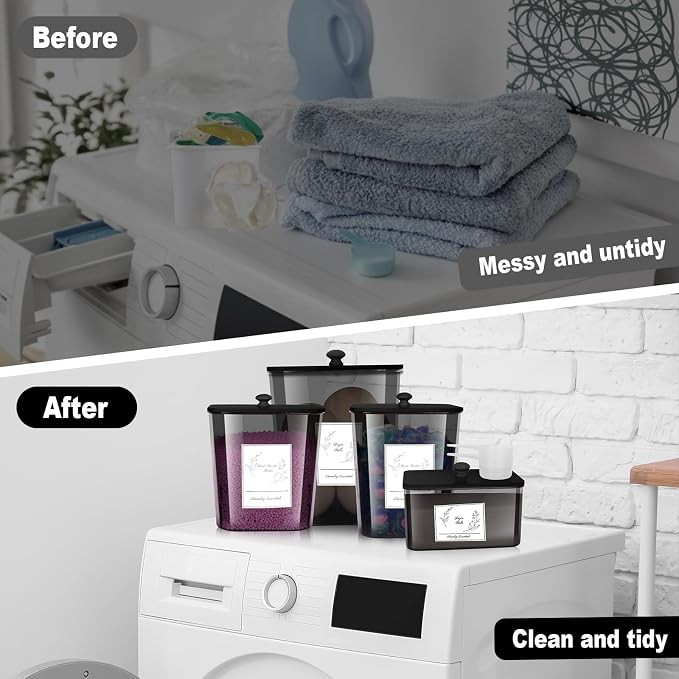 Zingbee 4 Pack Laundry Detergent Containers & Sheet Holder, Black Lids FT4H | Laundry Powder Containers & Dryer Sheet Holder with Black Lids, Scoops & Labels, Plastic Laundry Organizer and Storage Jar