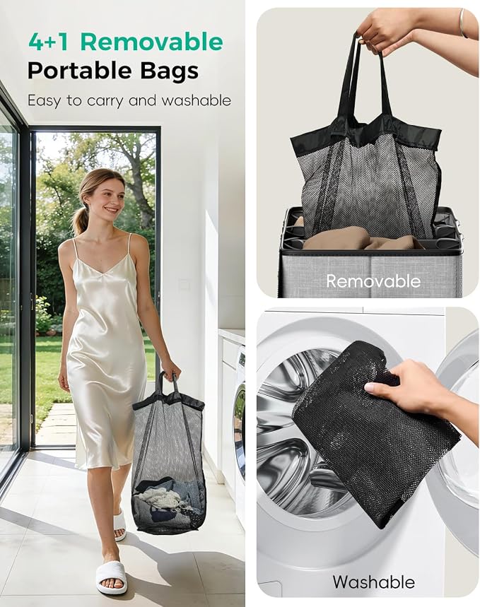 185L Laundry Hamper 4 Section with Lid & Removable Bags | Collapsible laundry basket organizer for laundry room, bedroom & dorm with 5 removable washing bags