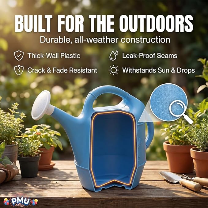 PMU 2 Gallon Watering Can - Garden Watering Can for Indoor & Outdoor Plants - Plastic Water Can with Detachable Sprinkler Head - Large Water Pot, Made in USA - Blue Pkg/12