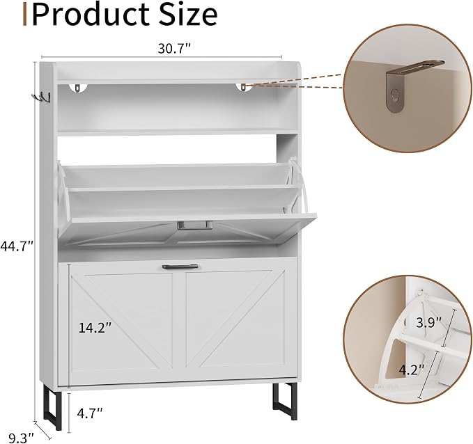 Xixini Shoe Storage Cabinet with 2 Flip Drawers, Entryway Shoe Rack, White