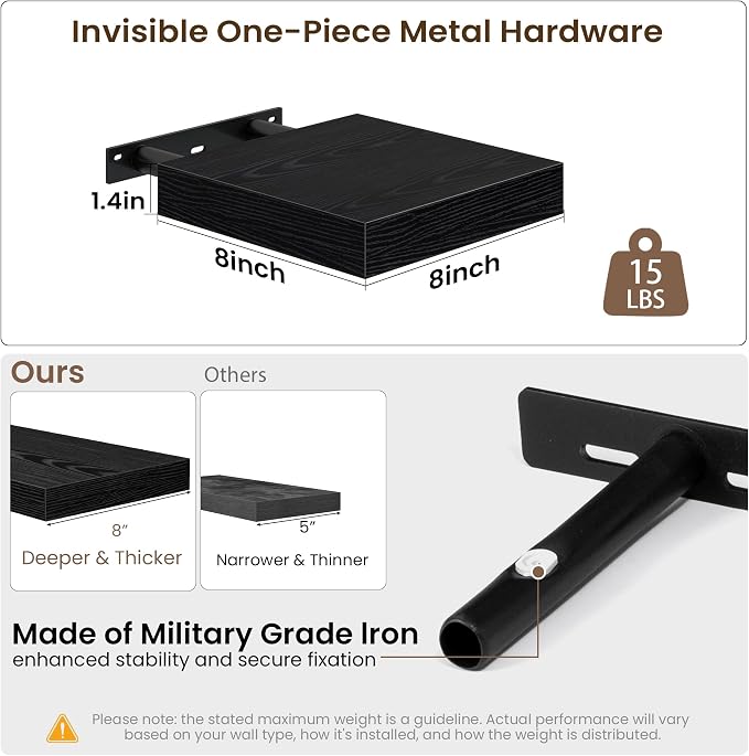 Acovy 8in Square Floating Shelves 4 PCs, Wall Mounted Display Shelf, Black | Invisible Brackets, 15lb MDF, 8x8in Square, Easy Install, For Bedroom, Bathroom, Living Room, Kitchen & Office