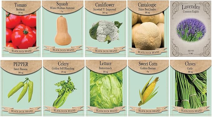 Vegetable & Herb Seed Set - 10 Varieties of Non-GMO Heirloom Premium Seeds for Planting - Beefsteak Tomato, Lavender, Banana Pepper, and More!