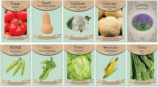 Vegetable & Herb Seed Set - 10 Varieties of Non-GMO Heirloom Premium Seeds for Planting - Beefsteak Tomato, Lavender, Banana Pepper, and More!