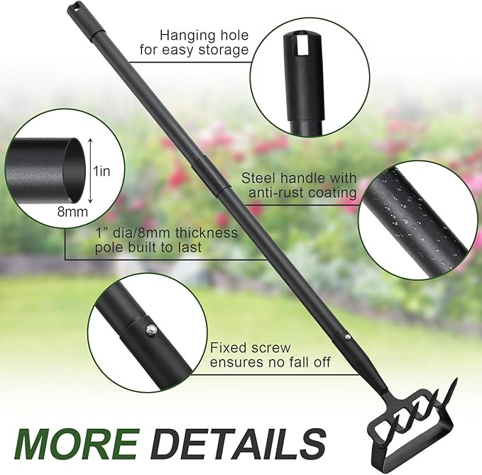 Hoe Garden Tool for Weeding 2-in-1 Heavy Duty Metal Stirrup Hoe 4 Tines Prong Weed Hoe with 32-62 inch Long Adjustable Handle for Women Kids Men