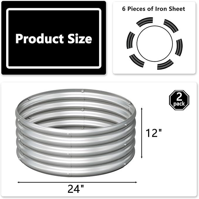Foxlang 2x2x1ft(2 Pack) Galvanized Round Raised Garden Bed,Outdoor Planter Box Metal Patio Kit Planting Bed for Vegetables Flowers Herb,Silver
