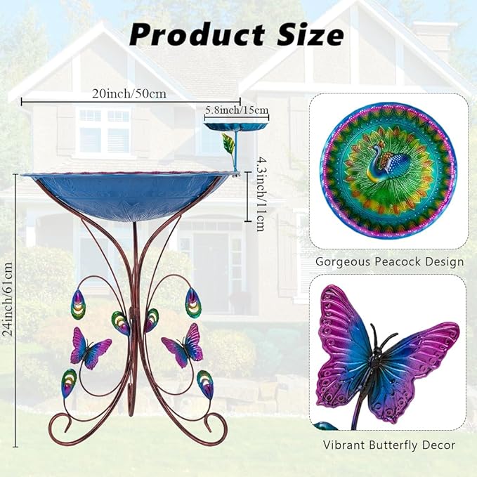VEWOGARDEN 20" Dia Large Bird Bath for Outside, Metal Outdoor Birdbath with Stand & Feeding Tray for Garden, Yard, Patio Decor